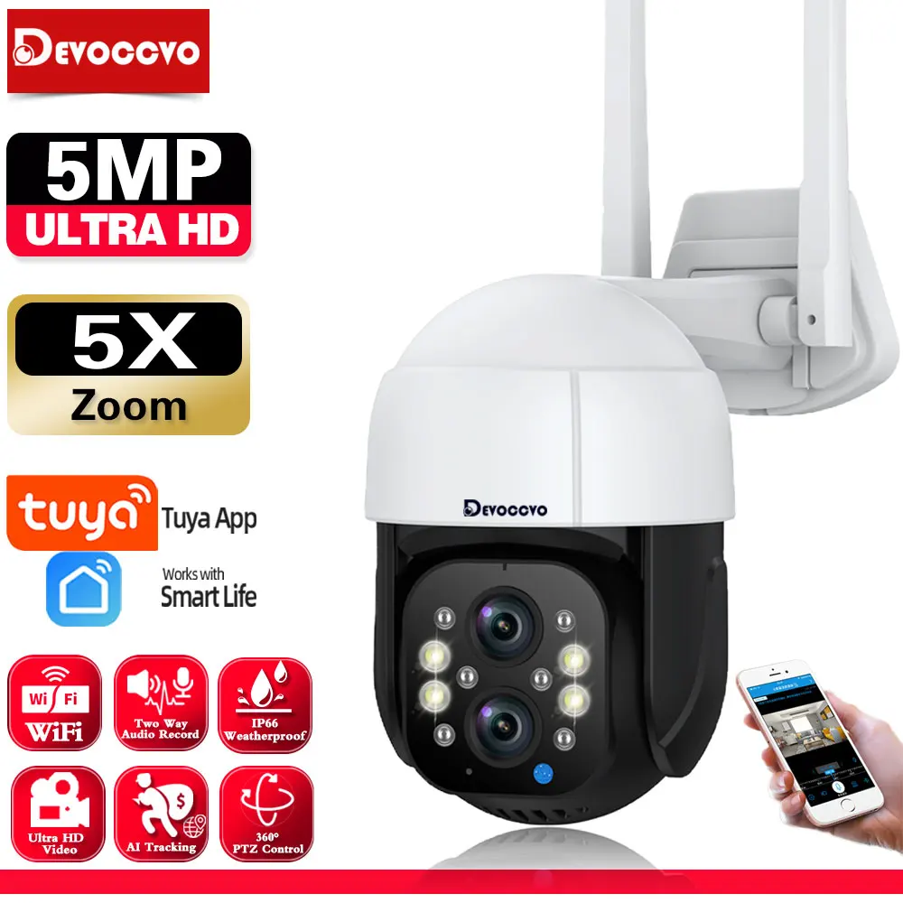 Tuya 5MP PTZ 5X Zoom Dual-Lens Smart Wifi Security Camera Voice Intercom AI Tracking Remote Access Home Surveillance IP Camera