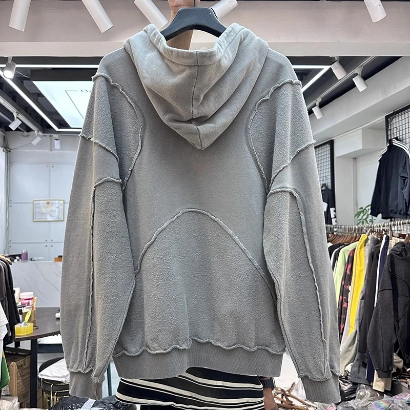 Vintage Washed Embroidered Patchwork Hoodie Men Women Top Quality Heavy Fabric Sweatshirts Oversize Pullovers Hooded