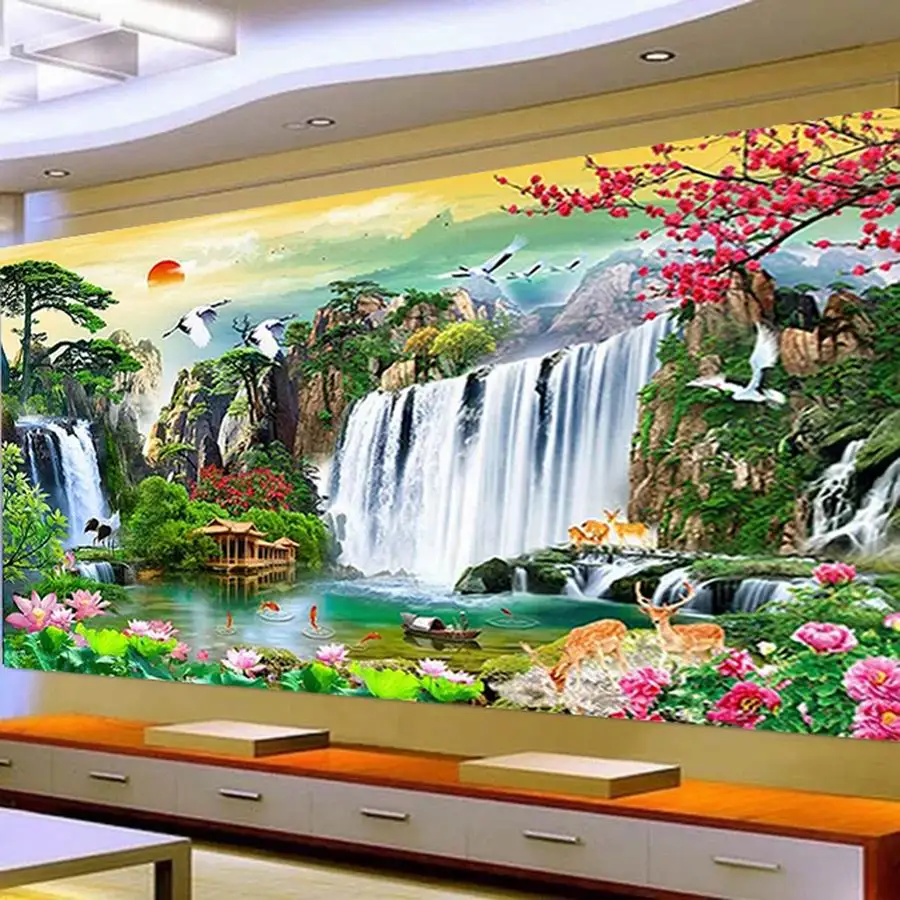 

Scenic Waterfall Deers Diamond Painting Large Size Natural Scenery Full Mosaic Embroidery Kits Rhinestone Picture Wall Decor