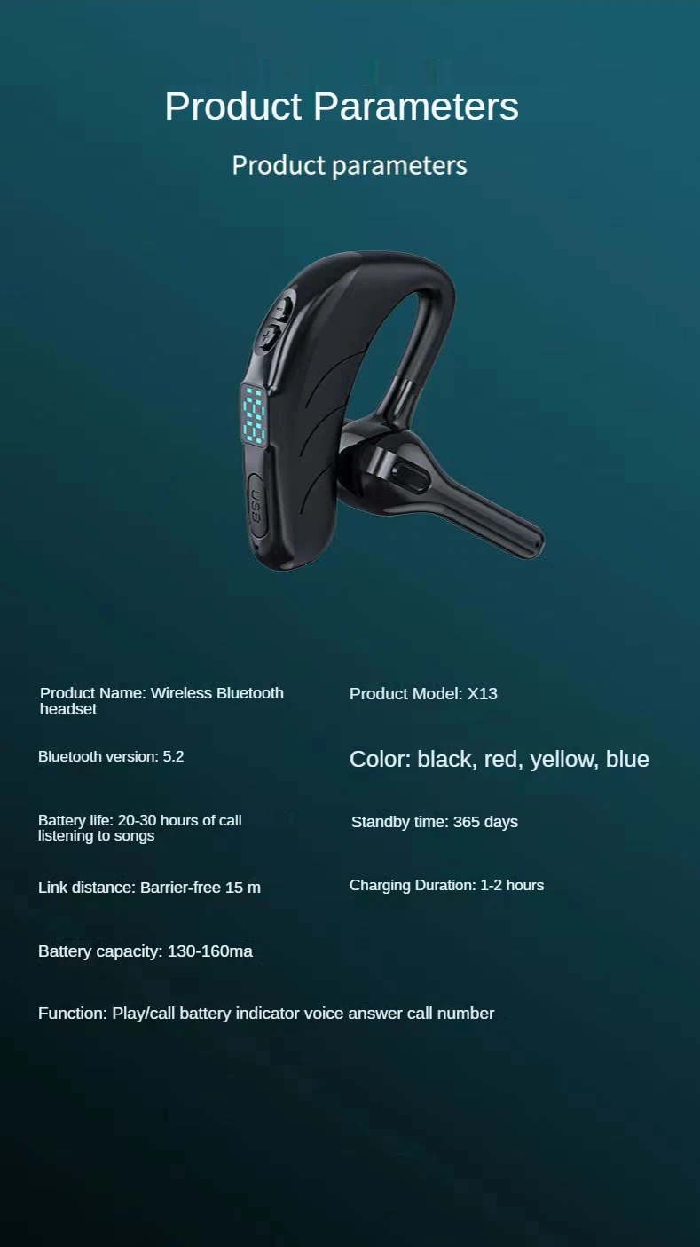 X13 Single Ear Headset with Mic Bluetooth 5.1 Earphone Noise Cancelling Waterproof Earpiece Wireless Handsfree Long Standby Time noise cancelling headphones