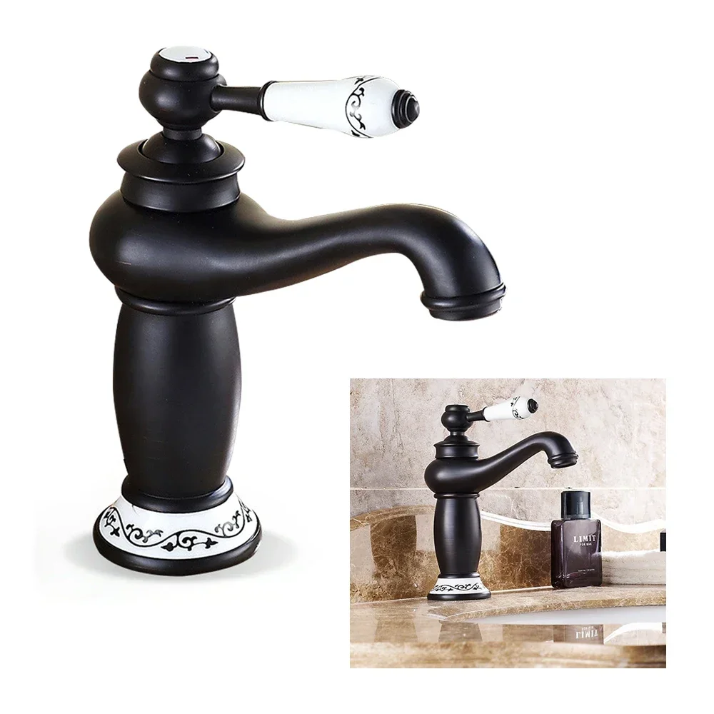 Country House Badezimmer-Waschtischarmatur im Vintage-Stil, Antik-Messing-Wasserhahn, Einhebelmischer, Auslauf, Höhe 13 cm, Wasserhahn, Schwarz – Detail 4