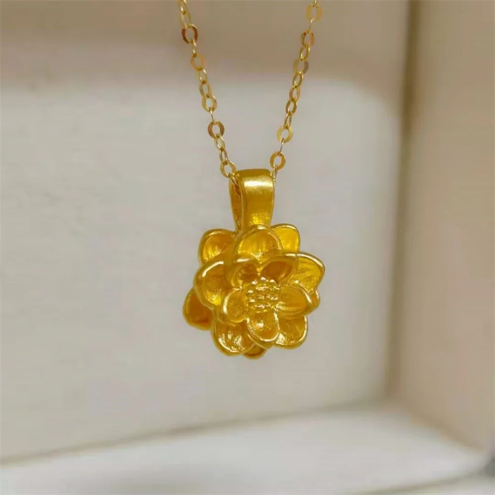 

1PCS Real 24K Yellow Gold 3D Lucky Lotus Flower Pendant 18K Gold O Chain Necklace 17.7"L