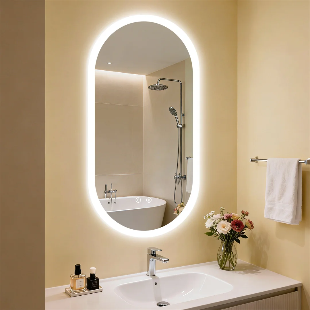 LUVODI Wall-Mounted Backlit Bathroom Mirror,Oval Tempered Glass LED illuminated Vanity Mirror with Memory Function Anti-Fog IP44