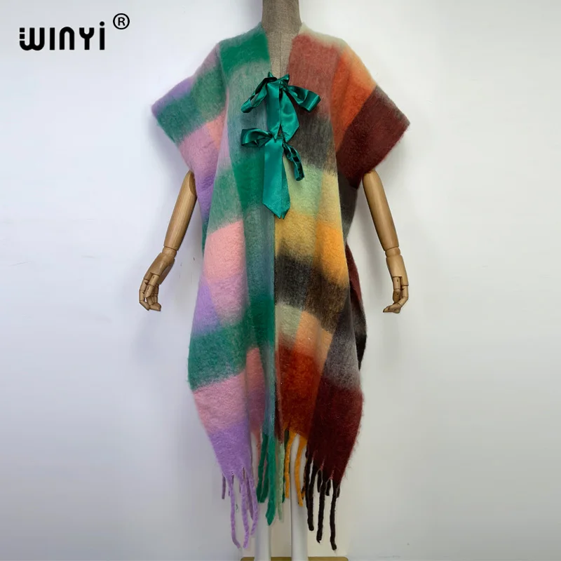 

2022 WINYI Winter autumn Women tassel Long Coat with ribbon Loose robe Thick Warm free size Female Fashionable Street cloak