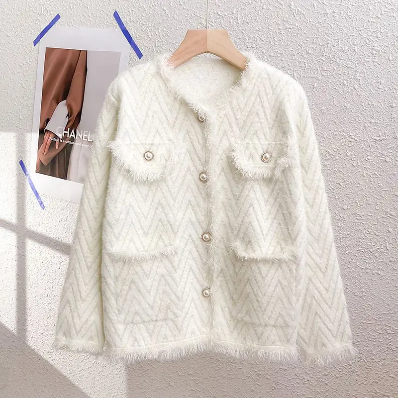 Women's O-Neck Knitted Coat, Casual Versatile Outerwear, Stylish Loose Top, Large Size, Autumn, Winter, New, 2024