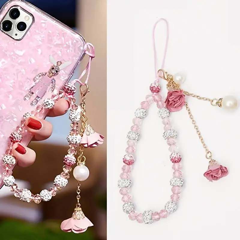 Hermoso cordón de cristal con forma de flor para teléfono, cadena con dije para teléfono celular, llavero, bolso para mujer y niña, colgante para cámara para estuche_voghion.com