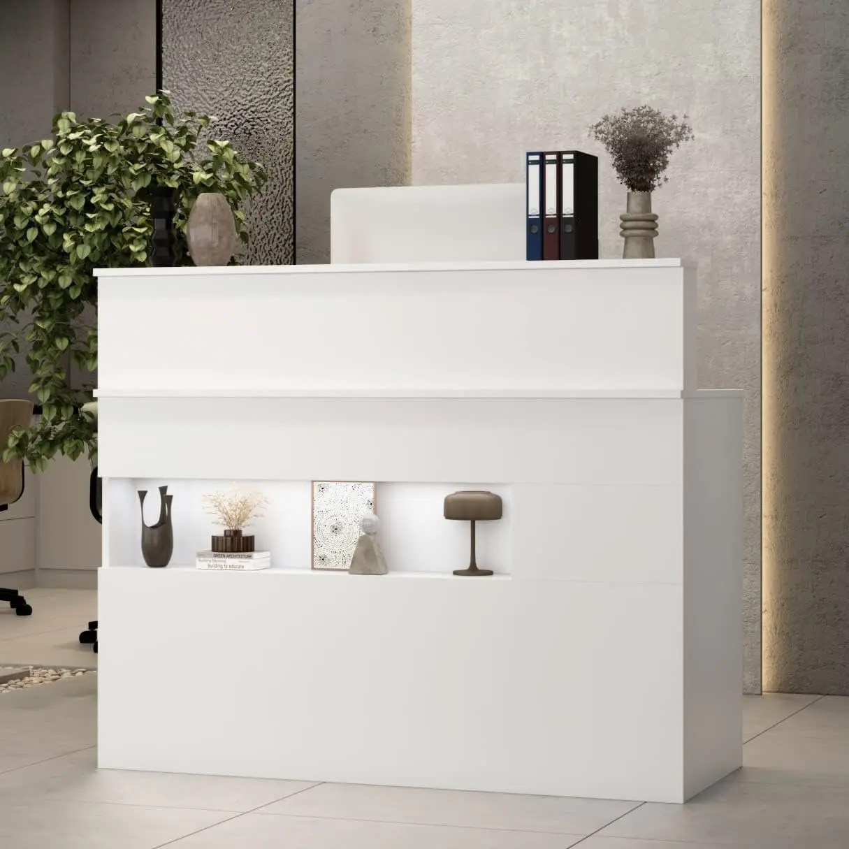 AIEGLE Reception Desk with Counter, Retail Counter with Lighted Display Shelf & Lockable Drawers, for Salon Reception Room Check