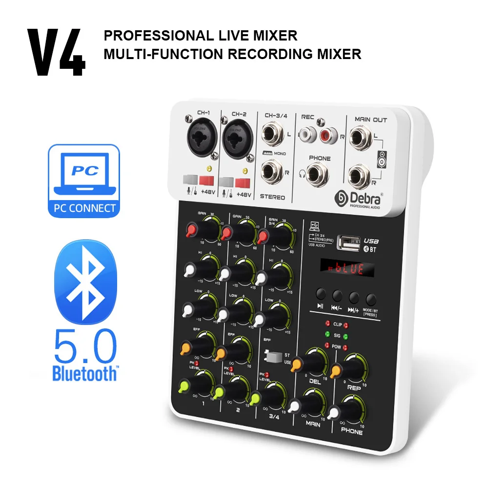 

V4 Audio Interface Mixer with Bluetooth USB Recording Computer 48V Phantom Power Delay Replay Effects, 4-Channel Audio Mixer