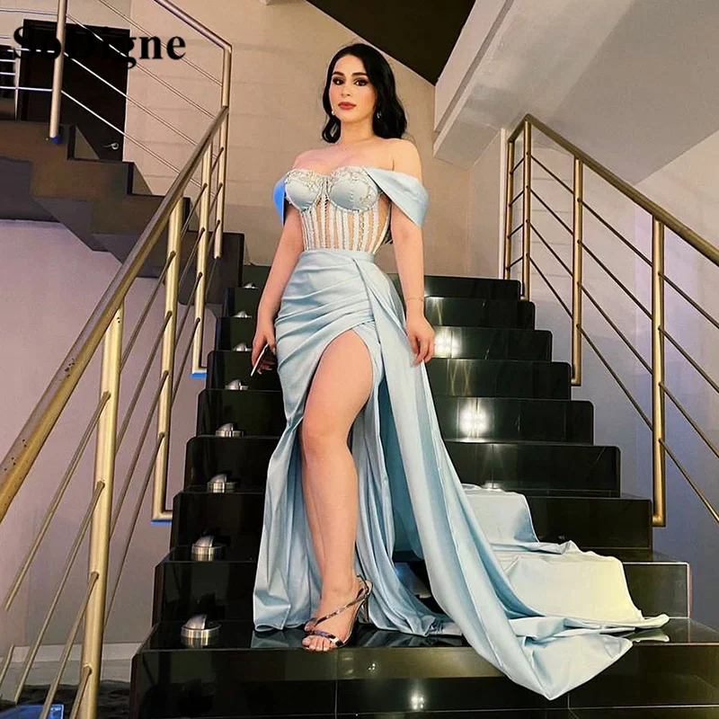 

SoDigne Satin Evening Party Gowns Slit Side Off The Shoulder Bone Corset Mermaid Prom Dresses Long Formal Dres