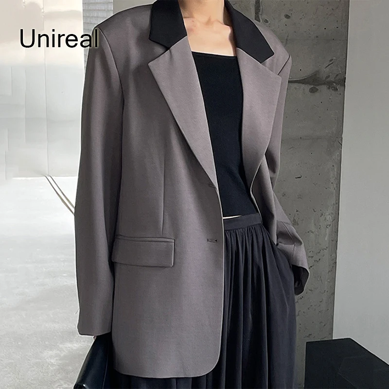 

Unireal 2022 Spring Autumn Korean Style Women Suit Coat Single Breasted Patchwork Loose Casual Fashion Blazer Jacket Outwear
