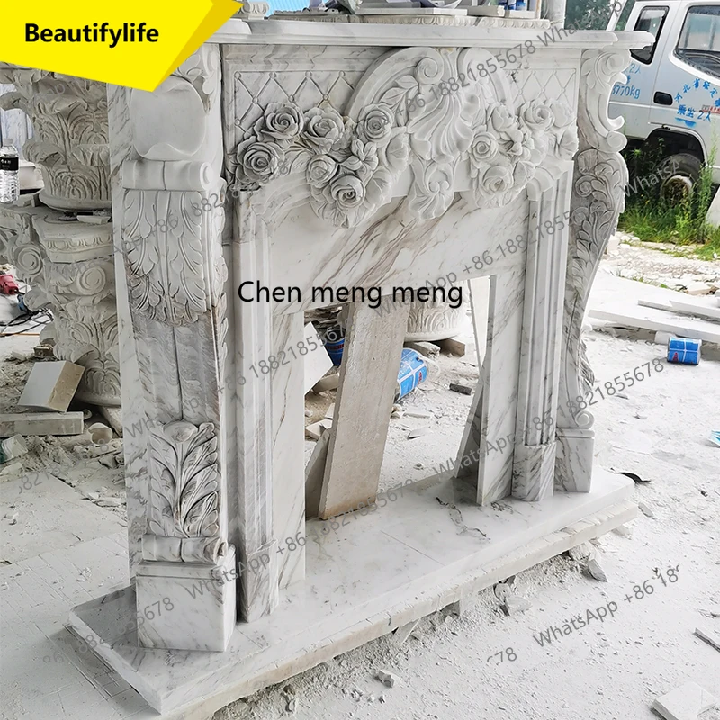 เตาผิงหินอ่อน 02M เตาผิงหินธรรมชาติ เตาผิงหินแกะสลักสไตล์ยุโรป เตาผิงหินสีขาวแจ๊สพร้อมตู้ 1