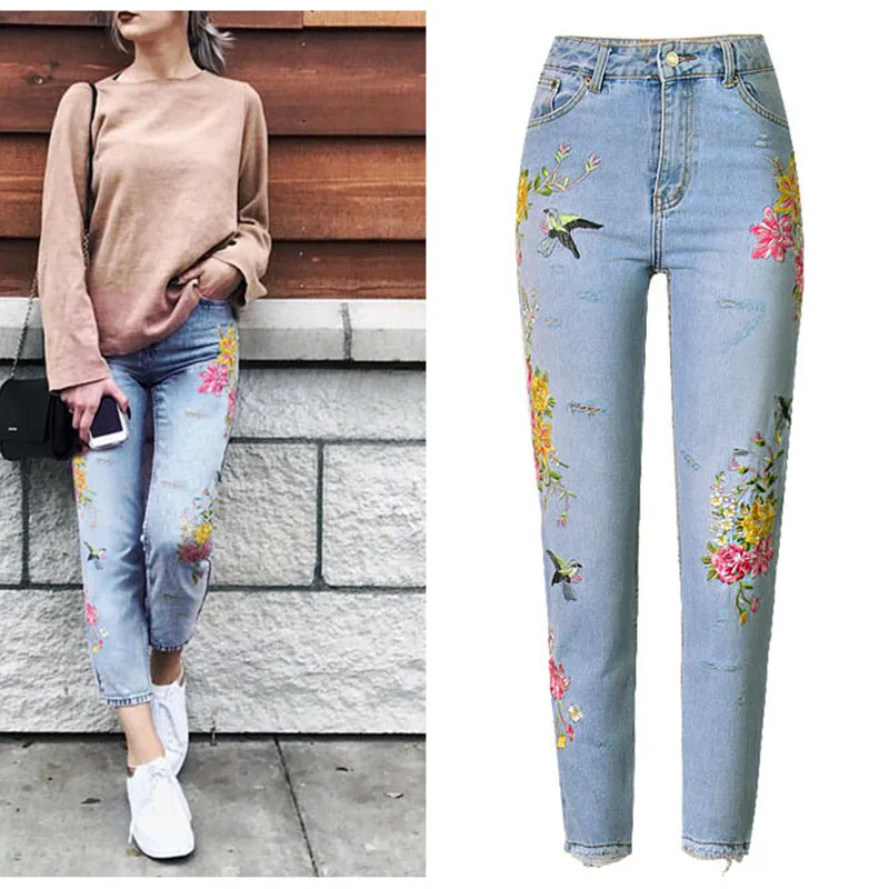 Women's Fashion Floral High Waist Skinny Ripped Slim Trousers Denim Pants Jeans 