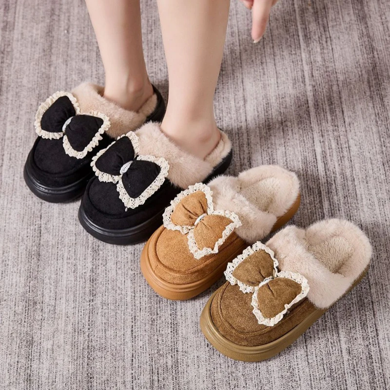 Fashion Bowknot Fluffy Slippers Women Indoor Thick Platform Soft Warm Cotton Slides Woman Autumn Winter Anti Slip Plush Slippers