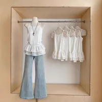 Haut Camisole blanc pour femmes, avec jupe Double couche à volants, débardeur sans manches, épissure amincissante, gilet de Base sans bretelles 3