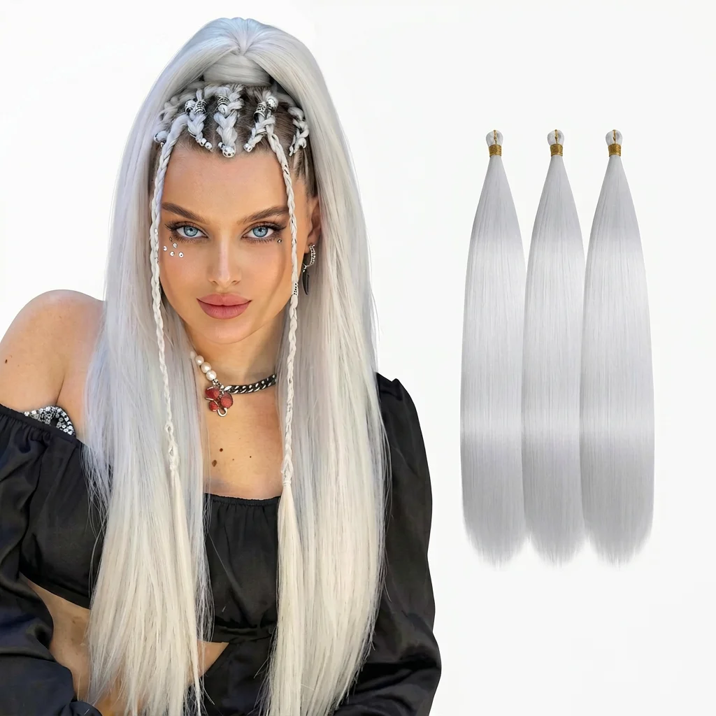 1 Bundles 24 Inch Silver Braiding Hair, Pre-Treated Weft Ends, for Fashion, Costume, and Face-Framing Hairstyles synthetic 5