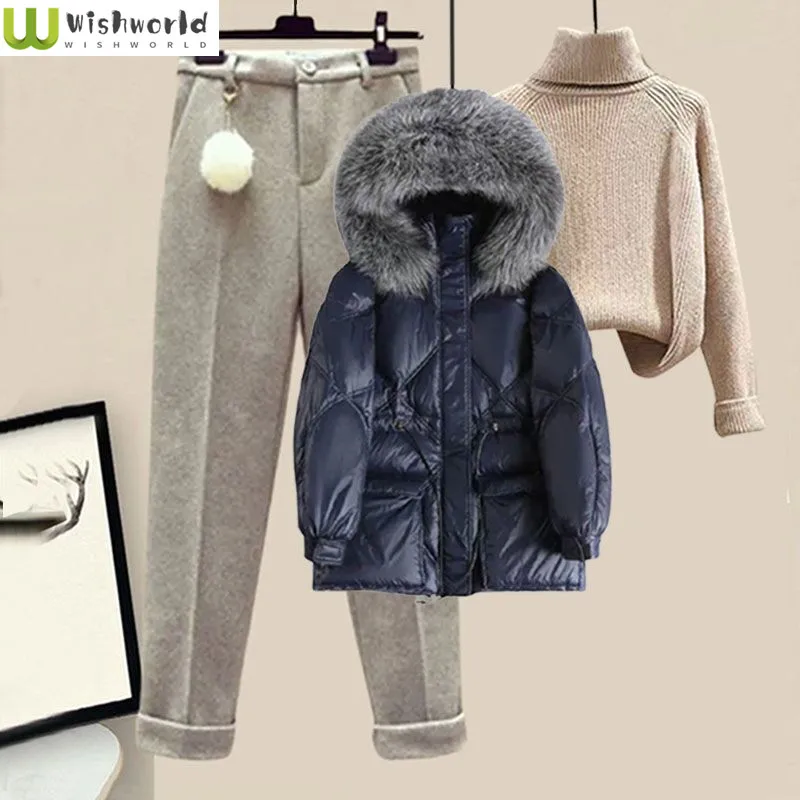 Women's Suit 2022 New Winter Big Wool Collar Down Cotton Jacket High Neck Sweater Casual Pants Fashion Suit Three Piece Set 2023 season popular v neck men s cardigan coat trendy striped men s cardigan coat wool knitwear sweater cardigan