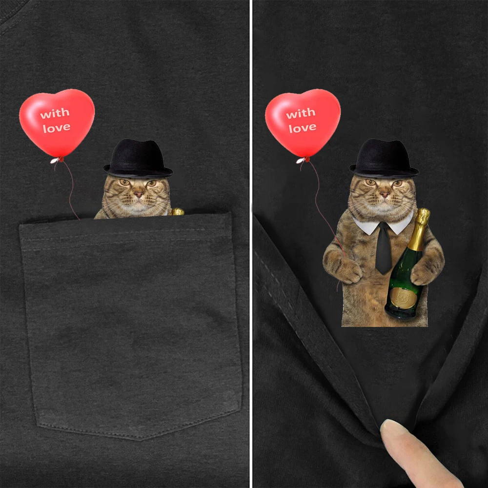 

Cotton T-Shirt Fashion Brand Summer Pocket Cat with Love Printed T-shirt Men for Women Shirt Hip Hop Tops Funny Cotton Tees
