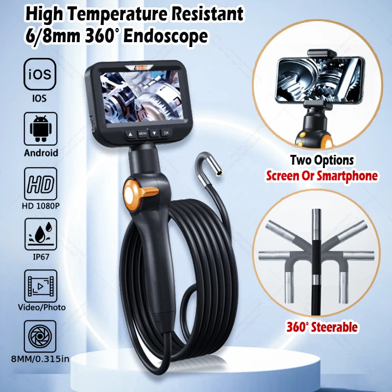 

6/8.5mm Industrial Rotary Endoscope Automotive Boroscope Visible Cable Pipe Inspection Tools Cameras For Cars With Articulation