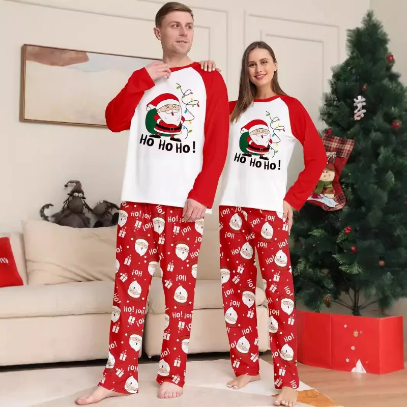 thumbnail image 4 of Conjunto de pijama con mangas raglán y estampado de Papá Noel para toda la familia, ropa de casa para padres e hijos, rojo y blanco, nuevo, 4 of 5