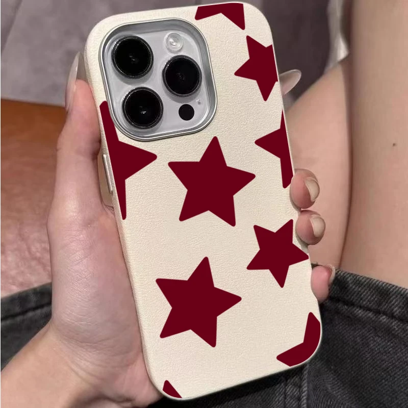 Red Stars Lychee Pattern Soft Phone Case Cover