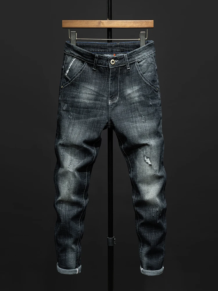 Fashion Ripped Men's Slim Straight Stretch Jeans Korean Personality Streetwear Denim Pants Classic Black Hip Hop Male Trousers
