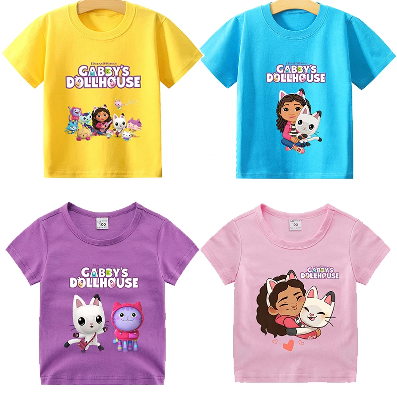 Gabby Dollhouse t shirt for Children Girl Cartoon Cotton Tees Anime Summer Top Themed Birthday Clothes O-neck Short Sleeve Gift