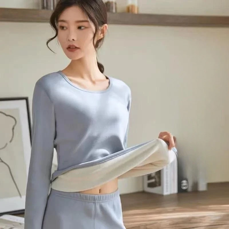 Yasuk Autumn Winter Casual Pullover Women's Slim Simple Soft Warm Bottom Velvet Cushionv Thermal Underwear Slim