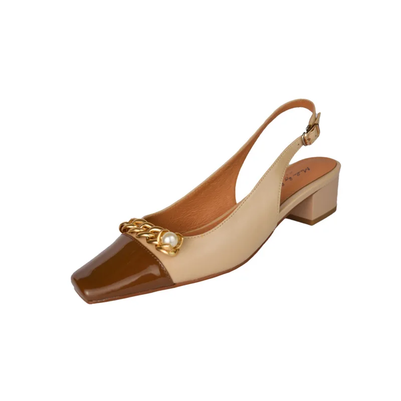 

Color Matching Square Head Sandals Women Summer Elegant Thick Heel Shoes Metal Chain Beaded Decorative Sandalias Sexy Slingback