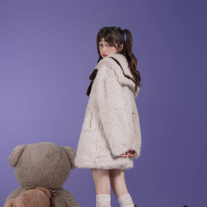 Christmas New Year Apricot Sailor Collar Environmental Fur Puffer Jacket Coat Long Sleeved Warm Jaqueta Feminina Women's Clothes