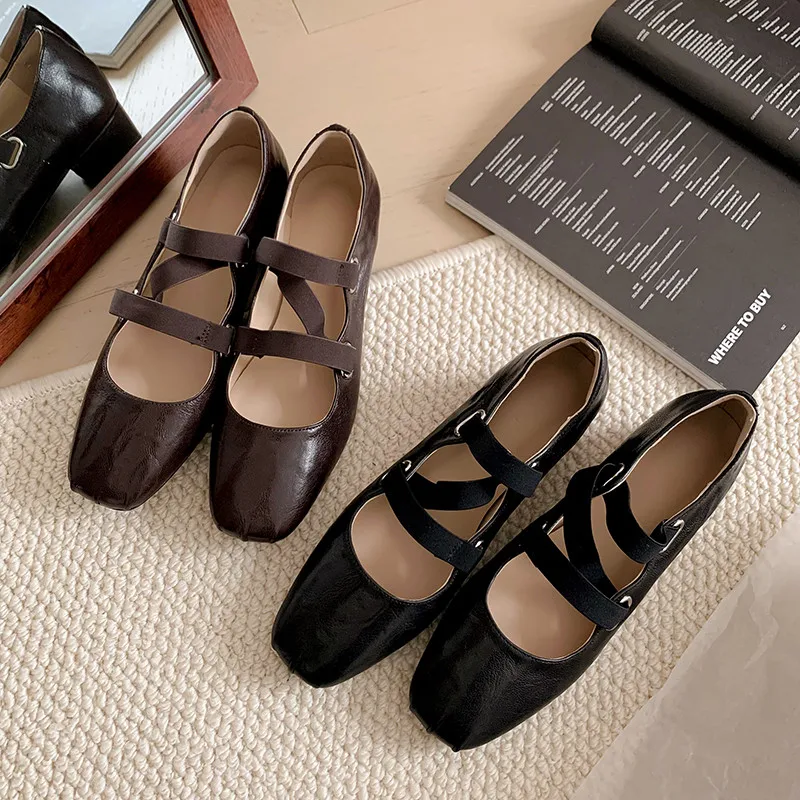 

MKKHOU Fashion Pumps New High Quality Genuine Leather Round Head Cross Belt Thick Heel Leather Shoes Modern Women's Shoes