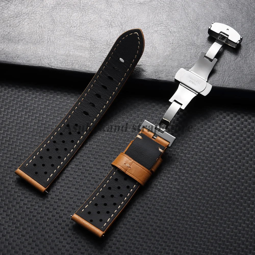 Elegant Cowhide Leather Strap with Butterfly Buckle - Soft & Breathable Business Men's Bracelet