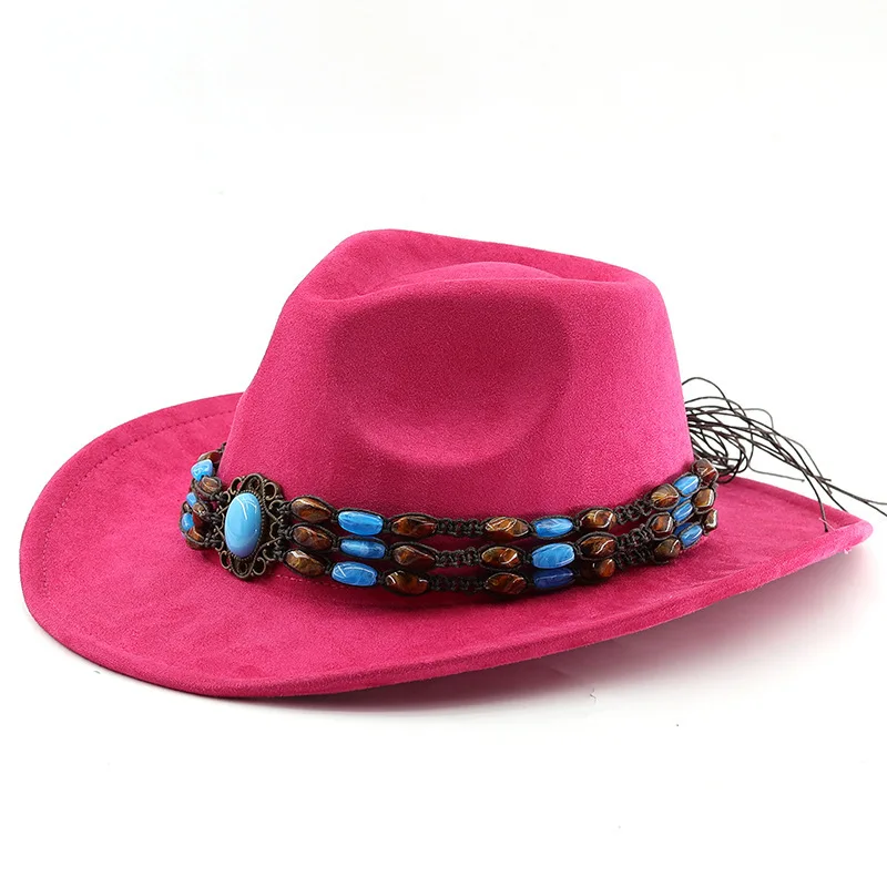 Wildleder-Herren- und Damen-Woll-Denim-Jazz-Filz-Kristall-verzierte Hüte mit gerolltem Rand, Sonnenschutzhüte im tibetischen Stil – Detail 7