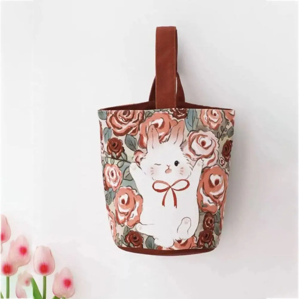 

Canvas Lovely Rabbit Bucket Bag Gift Portable Large Capacity Tote Bag Rose Cylinder Bags