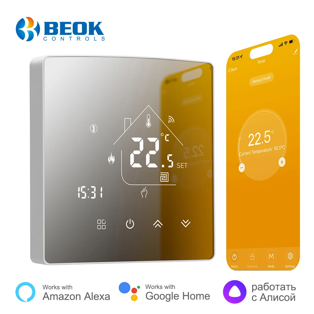 Beok Thermostat Tuya WIFI for Smart Home Floor Underfloor Gas Boiler Heating Black Mirror with Yandex Alice Alexa Google Home