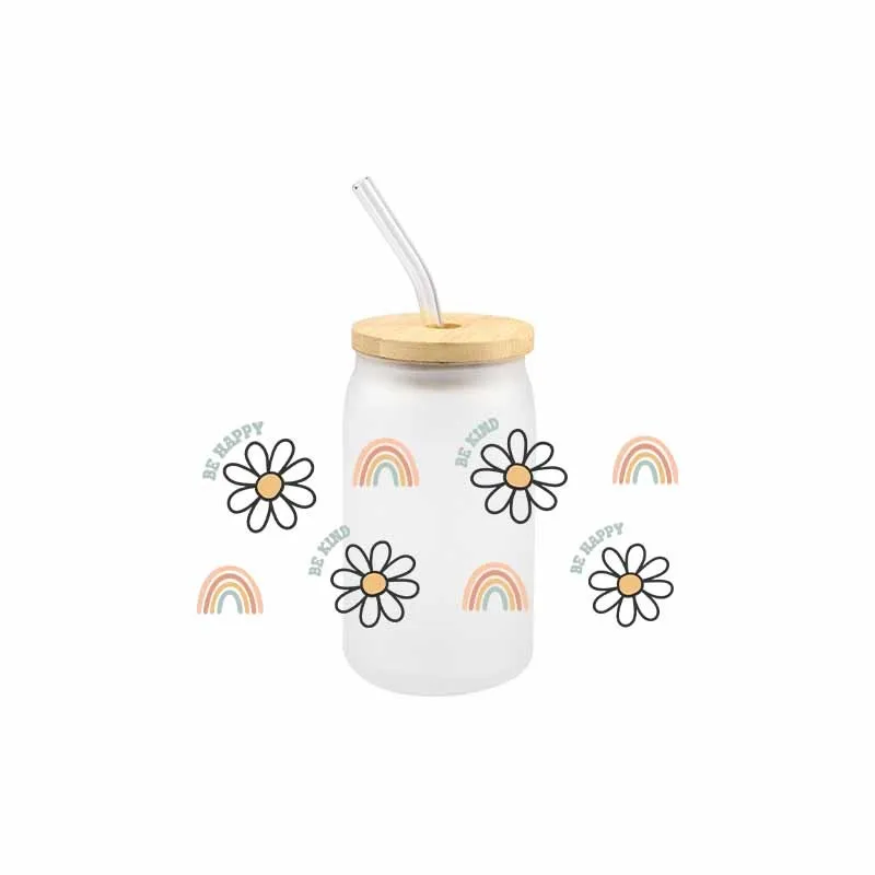 3D Flower UV DTF Transfer Sticker Colorful Waterproof Scratch Libbey Glass Cup 16 OZ Durable Hot Sale