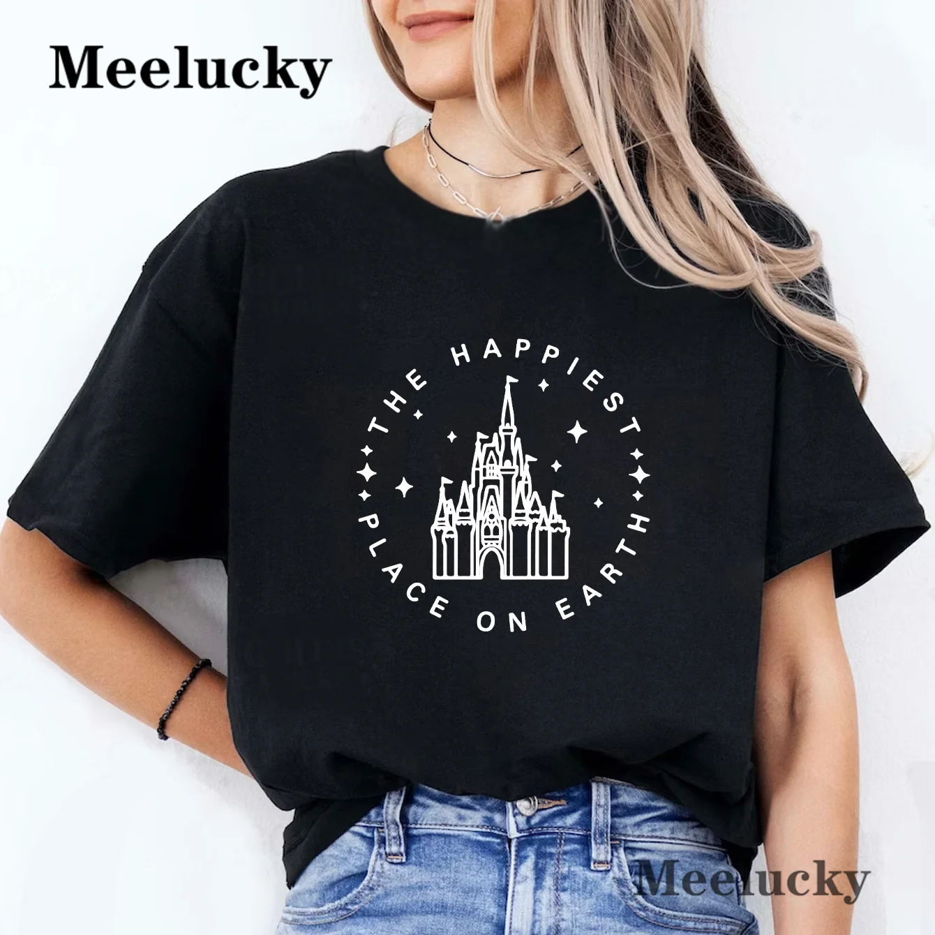 

The Happiest Place One Earth Letter Pattern Printing Woman Cartoon Print T shirt Graphic Top Tees Female