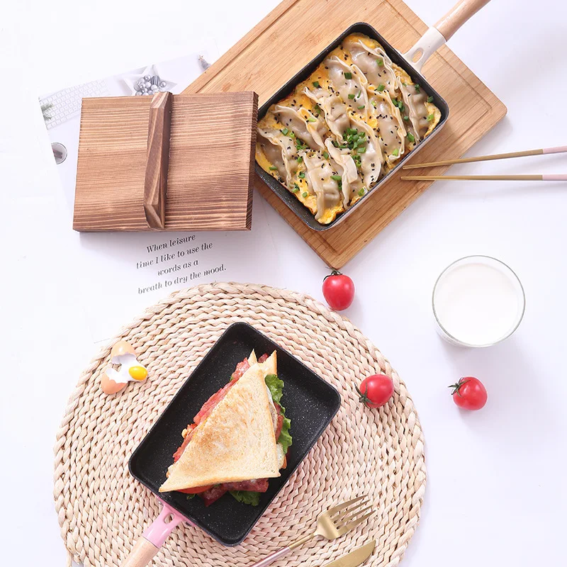 Square Maifan Stone Non Stick Frying Pan with Wooden Handle Cookware