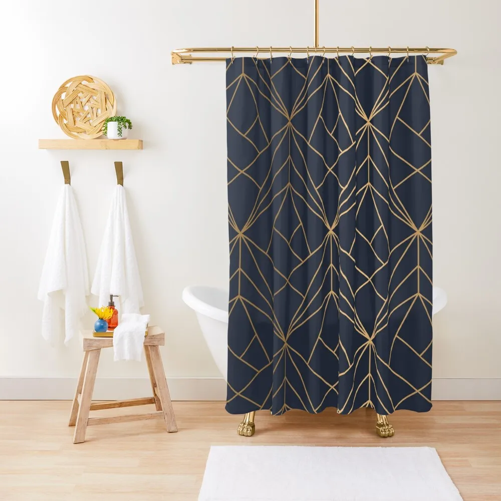 

Navy Blue Gold Geometric Pattern With White Shimmer Shower Curtain Shower Sets For Bathroom Set For Bathroom Curtain