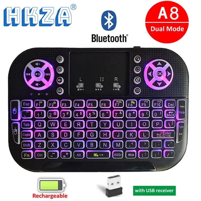 HKZA A8 Mini klawiatura Bluetooth 2.4G podwójny tryb podręczna podstrunnica podświetlana mysz Touchpad pilot dla Windows Android TV