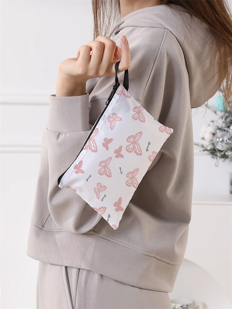 Ladies' Foldable Pink Butterfly Pattern Large Shopping Bag Foldable Storage Reusable Easy to Carry Capacity Handbag