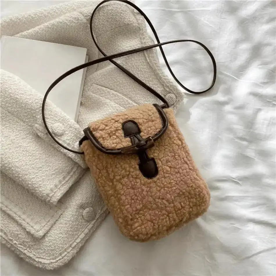 1 Pcs Women's Retro Lamb Fleece Bag Color Blocking Minimalist Mobile Phone Bag Single Shoulder Crossbody Small Bag