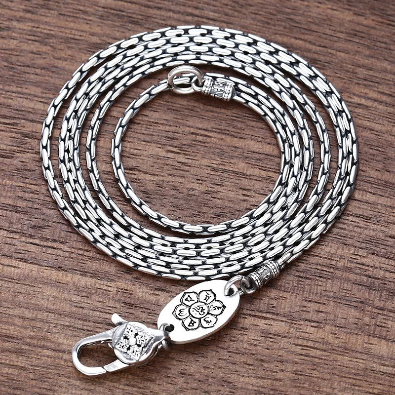 

1.5MM BOCAI New 100% Real S925 Pure Silver Jewelry Retro Thai Trendy Personality Vajra Buckle Bamboo Necklace Men and Women