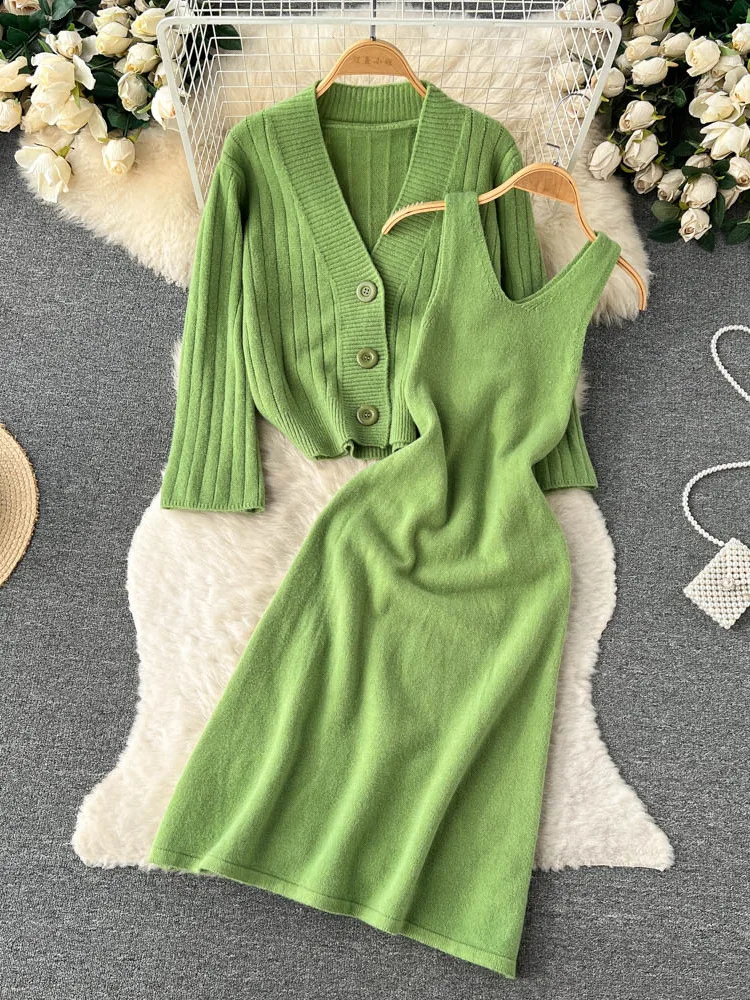 

Autumn Temperament V-neck Long-sleeved Single-breasted Knitted Cardigan Jacket 2-piece Set Fashion Sling Suspenders Dress Women