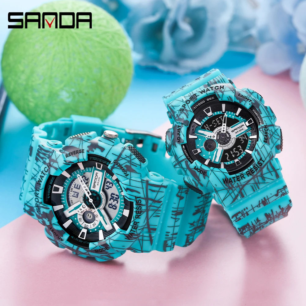 SANDA Couples' Watches for Men Waterproof Sport Wristwatch Woman Calculator Wrist Electronic Timepiece His and Her Watch Set