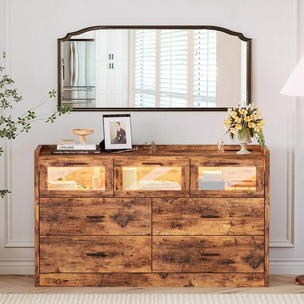 

7 Drawer 47" Glass Dresser with LED and Power Strip, Wood Dressers & Chests of Drawers for Bedroom Living Room, Rustic Brown