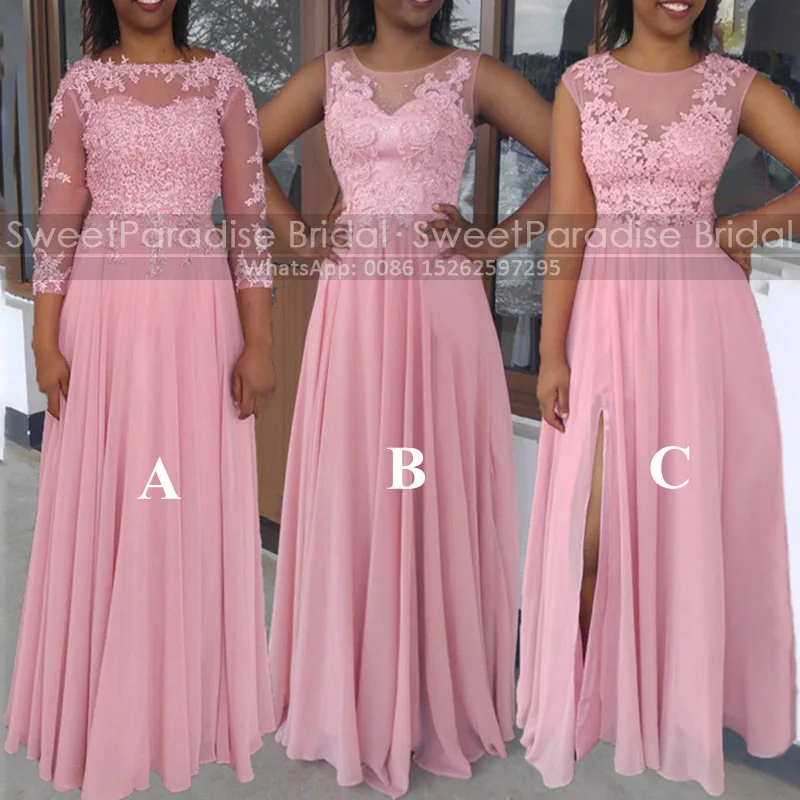 

Pink Lace A Line Bridesmaid Dresses With Beads Appliques Long Sleeves Sheer Neck Chiffon Maid Of Honor Dress Wedding Party