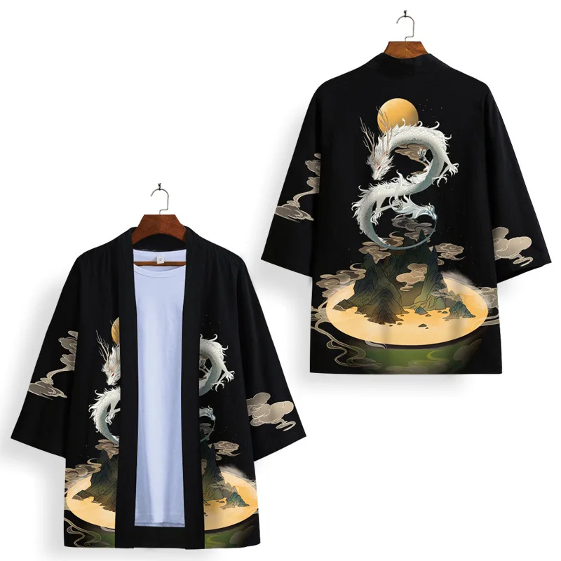 

Haori Black Dragon Print Kimono Women Men Harajuku Cardigan Japanese Yukata Streetwear Cosplay Shirt And Shorts Set