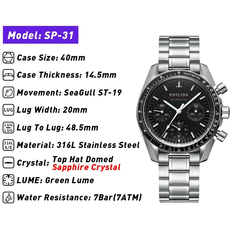 Mechanical Watch PHYLIDA 40mm Men's Watch ST19 Mechanical Chronograph Stop Watch Black Dial Wristwatch Speed Classic Solid Stainless Steel