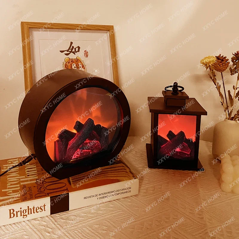 Flame Lamp Ambience Light Small Night Lamp Bedroom Bedside Creative Fireplace Table Lamp Retro Ornaments Lamp