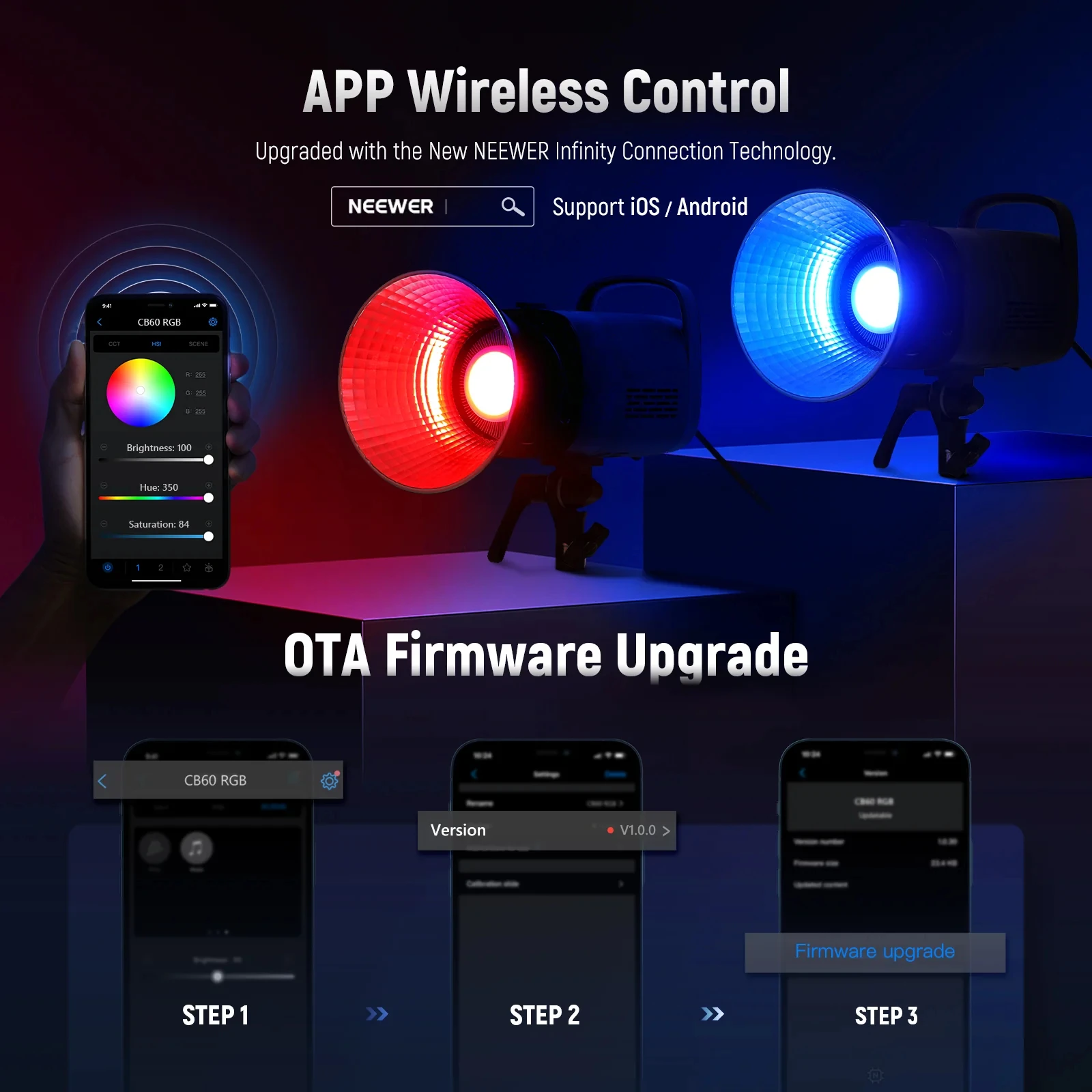 NEEWER CB60 LED COB 비디오 조명, 고출력 고휘도 전문 사진 조명, 비디오용 2700K-6500K CRI97 +, 70W